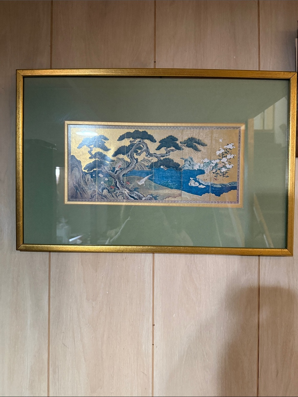 Framed Oriental Landscape Art Print in Gold Frame with Green Mat